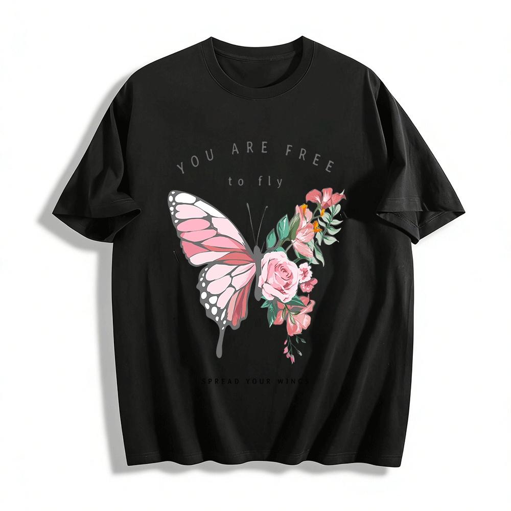 

Floral Butterfly Print Top You Are Free To Fly Casual Tee Pure cotton T-shirt XXS