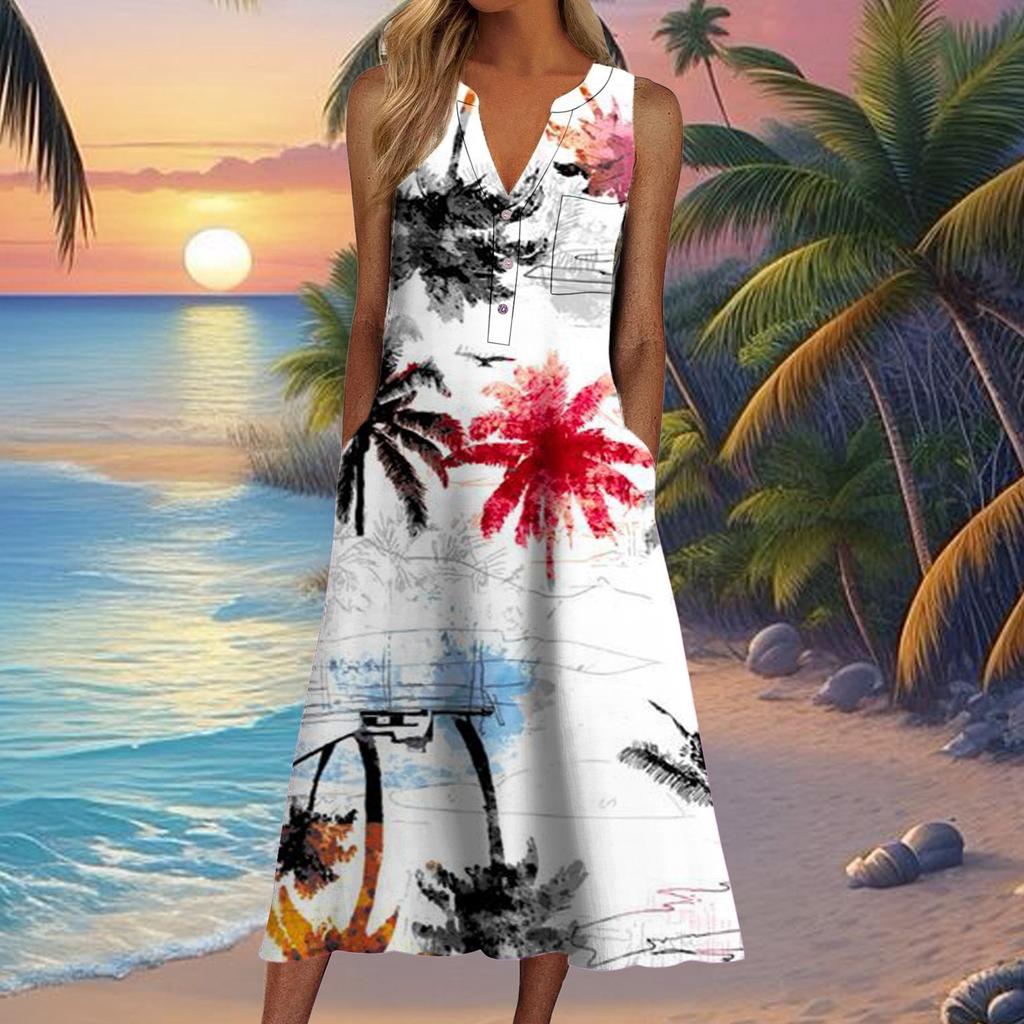 European and American summer new women's clothing, fashionable pocket V-neck striped sleeveless casual dress