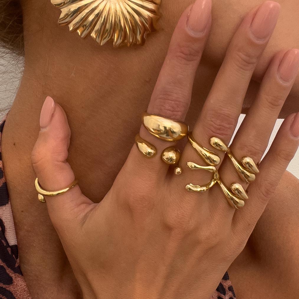 SHIXIN 6Pcs Glossy Water Drop Snake Shape Adjustable Open Ring for Women Geometric Gold Color Chunky Ring Set Daily Accessories