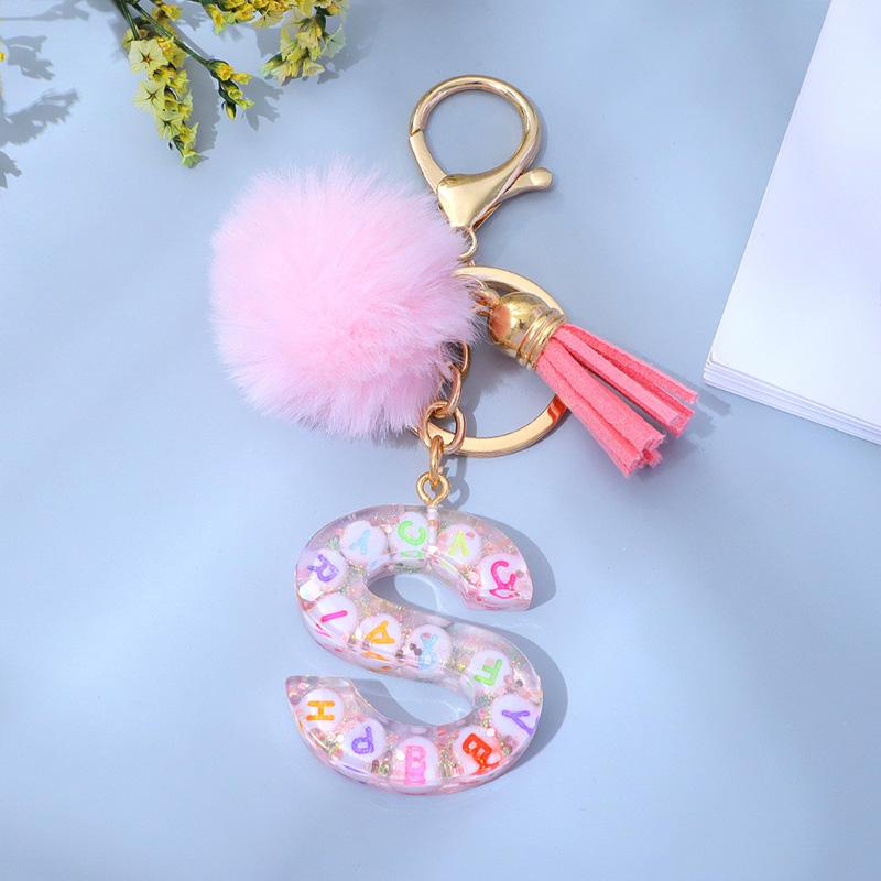 1PC Keyring Key Accessory Letter Filled Colourful Initial Pendant With Fluffy Keychain Glitter Tassel Charms For  Bags Backpacks