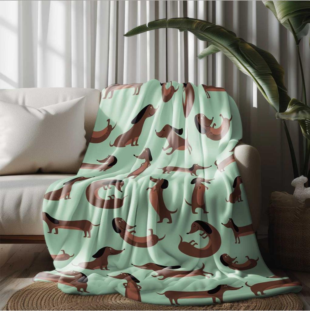 1pc Sausage Dog Print Flannel Blanket Soft Comfortable Multiple Sizes Living Room Nap Sofa Cover Portable Machine Washable