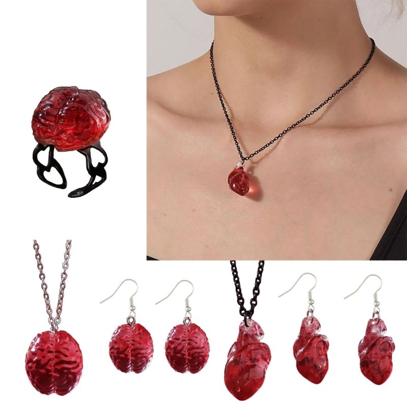 Funny Red Brain Pendant Necklace/Earings/Ring for Halloween Party Unique Heart Neckchain/Ear Drops Stylish Accessory