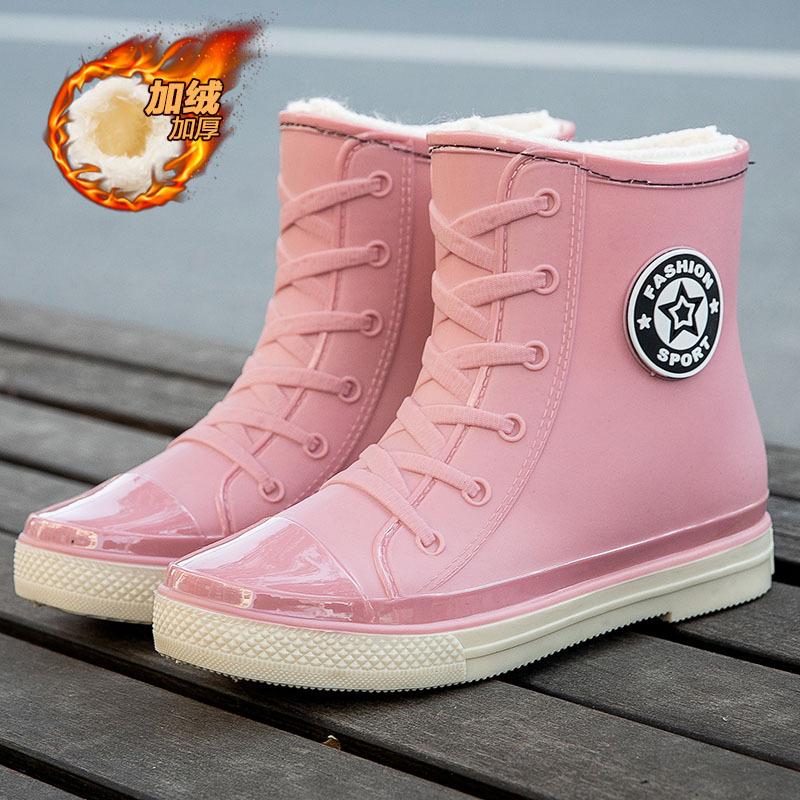 Fashion short tube women's waterproof shoes rain shoes student trend rubber shoes velvet warm non-slip rain boots women
