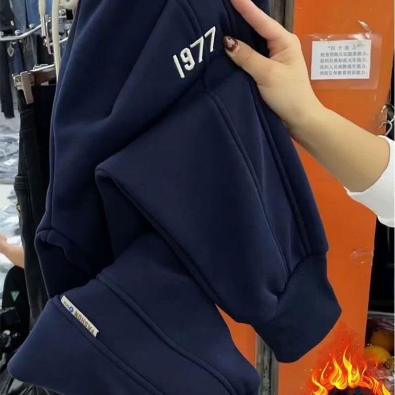 Women's Autumn Winter Solid Drawstring Elastic High Waist Letter Embroidered Harlan Small Feet Casual Loose Trousers Pants