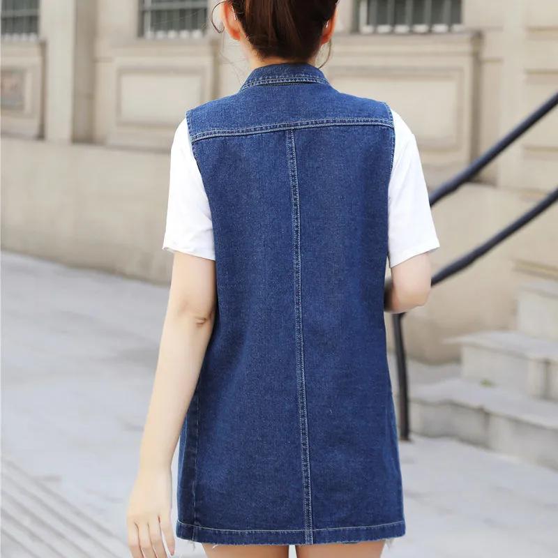 Women's Spring and Autumn Solid Color Plus Size Denim Vest Temperament Sleeveless Lapel Multi-Pocket Jacket