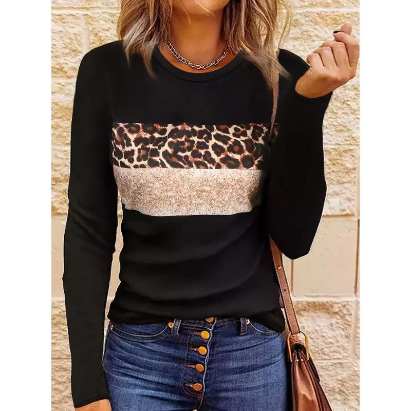 Women Fashion Leopard Printed T-Shirts Basic Casual O Neck Full Long Sleeve Tee Shirts Ladies Chic Knitted Tops