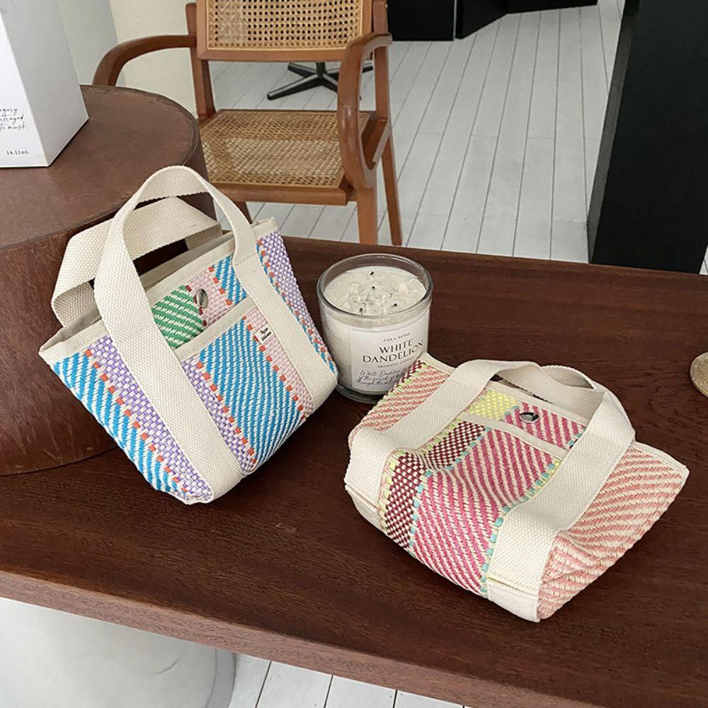 Large Capacity Straw Bag Stripe Tote Bag Practical Lunch Bag  for Home