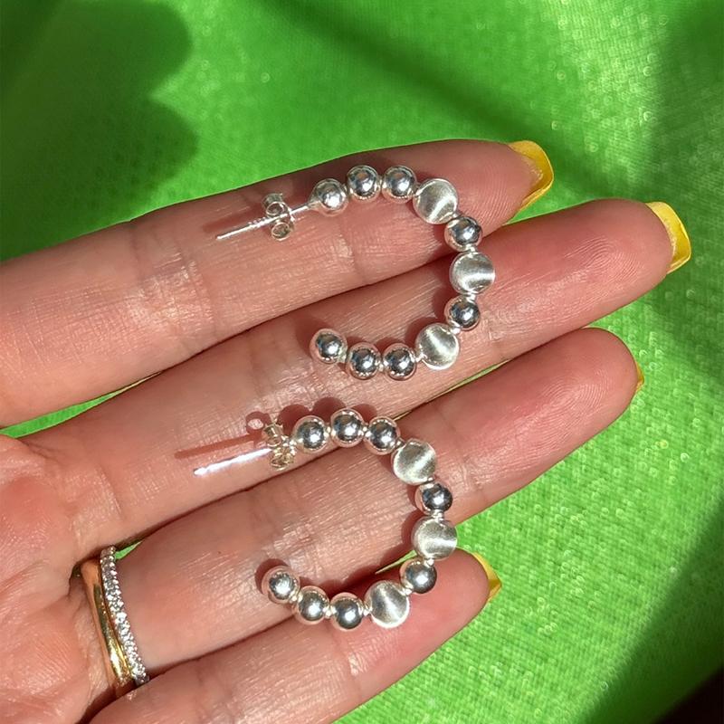New 925 Silver Geometry C Shape Drop Earrings Metal Brushed Bead Semicircular Dangle Earring for Women Party Fine Jewelry Gift