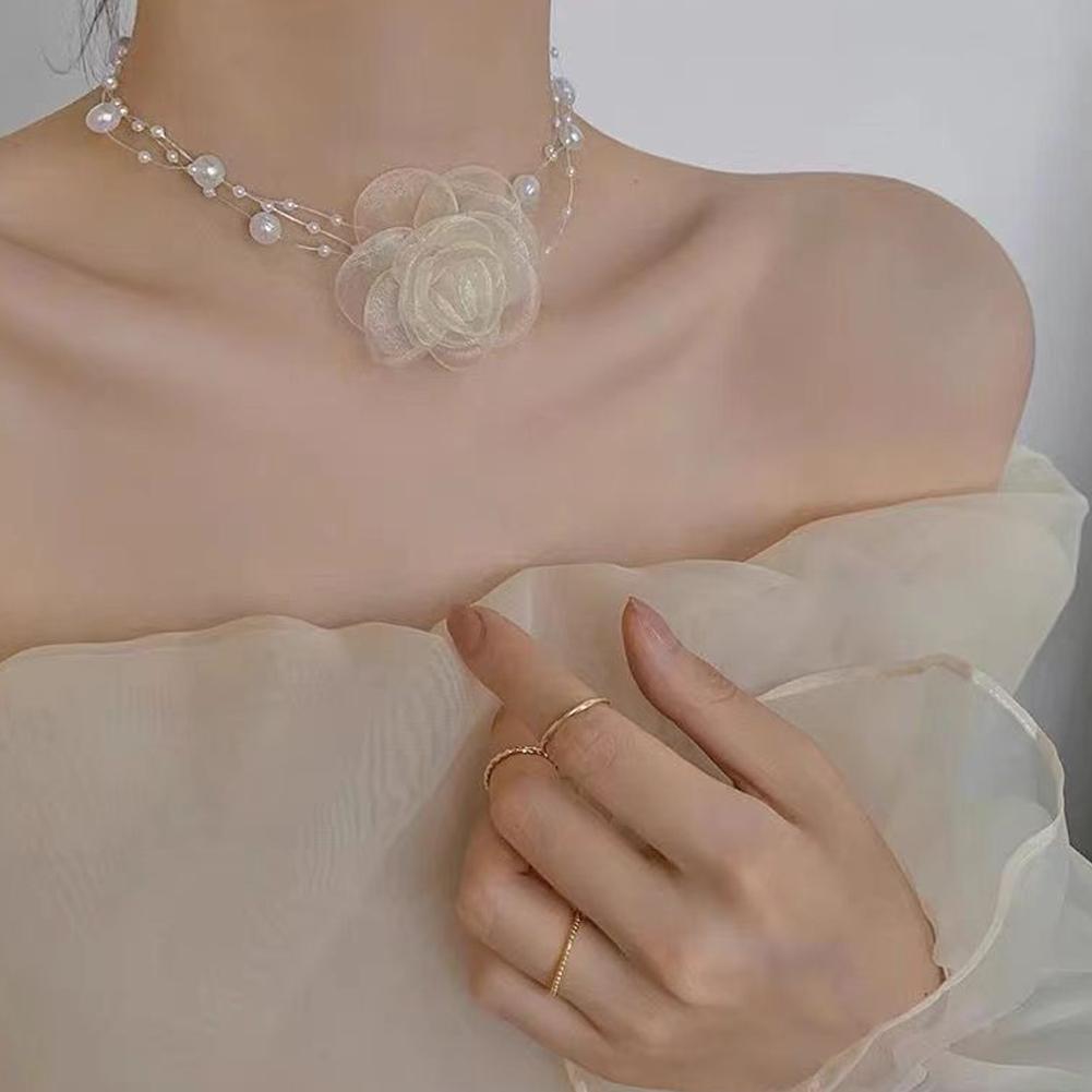 

Ожерелье ручной работы из жемчуга и цветка камелии для женщин, украшение на вечеринку, ожерелье из ткани 3D K3X7