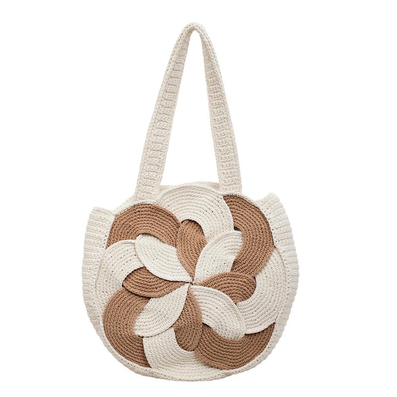Women's Boho Crochet Round Bag Handwoven Floral Tote Bag Large Capacity Shoulder Bag for Beach Travel Daily Bohemian Style