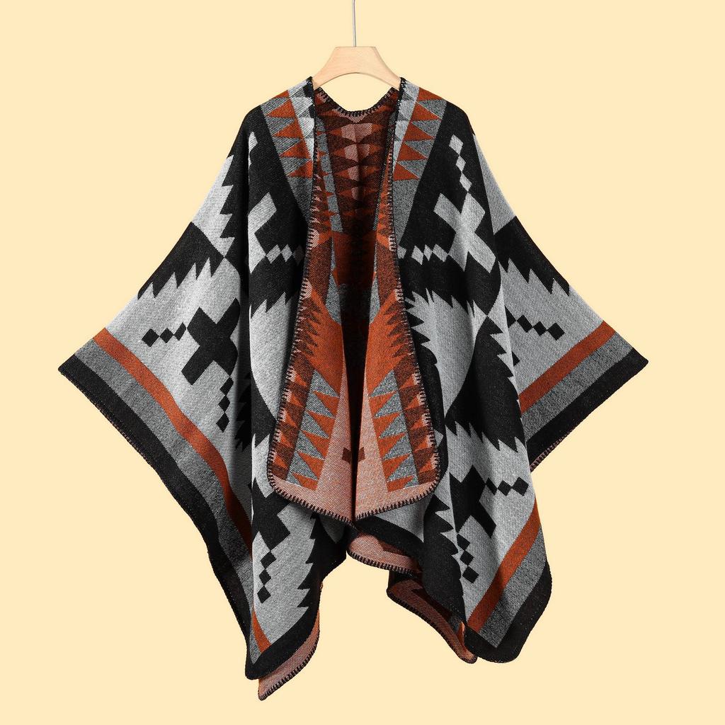 Versatile Plaid Women's Faux Cashmere Shawl: Ethnic Style Slit Cape for Autumn/Winter