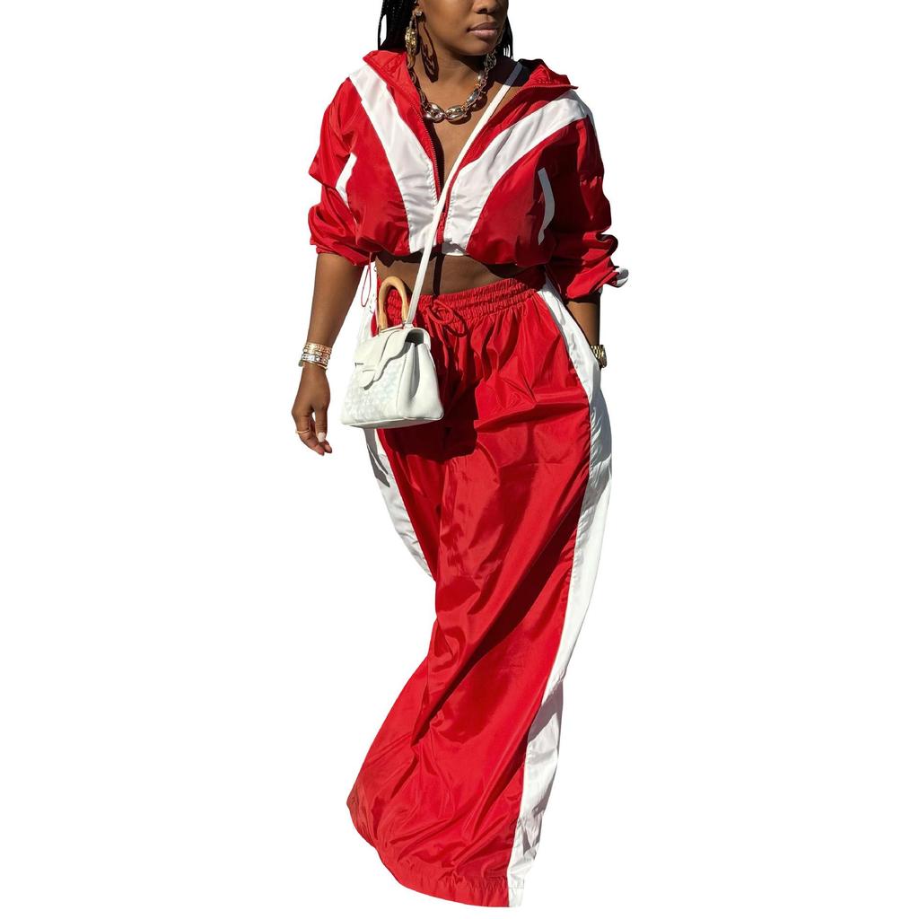 AL297 Women's Patchwork Sports Suit: Woven Loose Jacket & Two-piece Set for Spring and Autumn