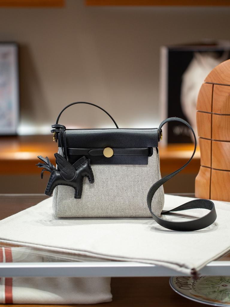 Herbag Mini Non-Buckle Hardware Canvas Stitched Cowhide Womens Bag Fashion High-Grade Texture Single Strap Shoulder Bag