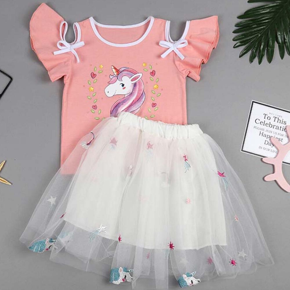 Kids Girls Unicorn Tops Short Sleeve T-shirt Lace Tutu Skirt Sets Outfit  Clothes Party Dress