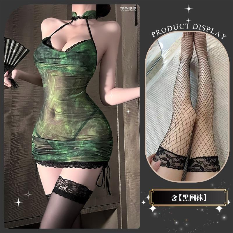 Fairy Green Snake Erotic Underwear cos Sexy Stand-Up Neck Hanging Neck Dress Perspective Hip Wrap Uniform Reticulated Dress