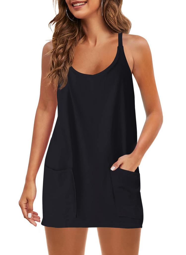 2023 Summer Solid Color Sleeveless Tank Dress with Thin Straps and Pocket