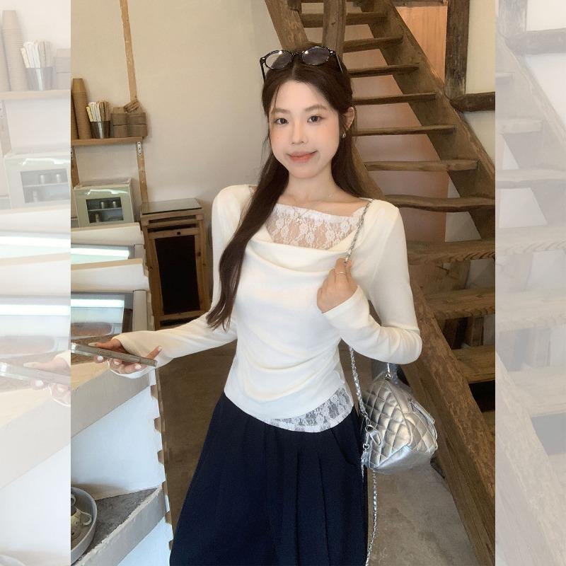 White Swing Collar Lace Long Sleeve T-shirt Women's Early Autumn Wear with Bottoming Shirt Slim Waist Top