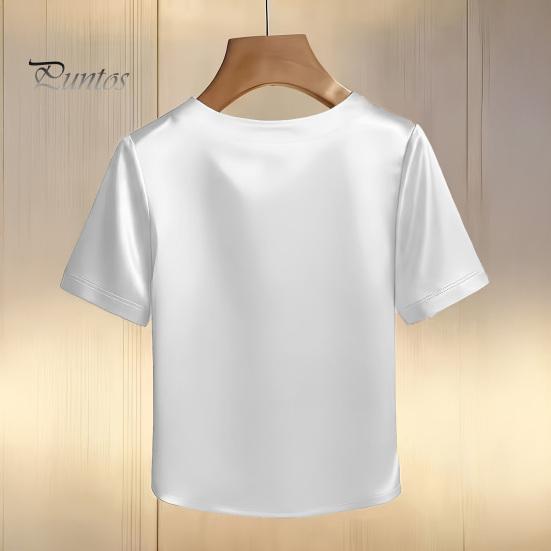 Tee Shirt Women T-shirt Round Neck Satin Fabric with Hand-Sewn Imitation Pearls Short Sleeve Loose Fit Casual Tops Hand-sewn Pearl Neckline