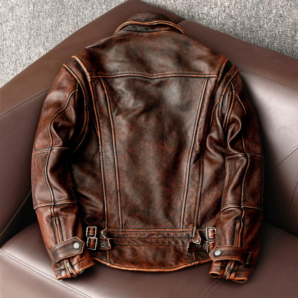 Tamanho chinês Homens Jaqueta de couro genuíno Vintage Marrom 100% Couro de vaca Casaco Homem Slim Moda Motociclista Roupas Tamanho asiático S-6XL M697