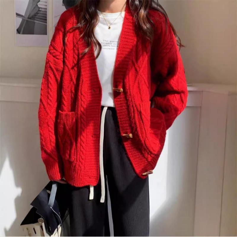 Retro horn button sweater jacket for women's autumn and winter new loose and lazy style versatile casual twist knitted cardigan for women