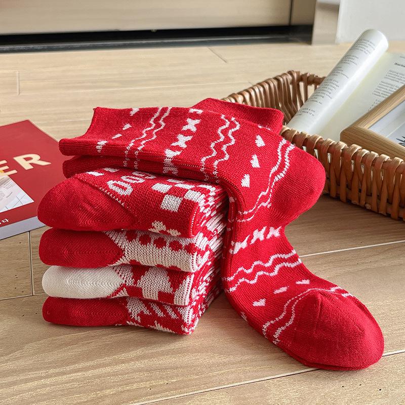 Red Socks for Spring and Autumn, Versatile and Festive for The Zodiac Year, Double-needle, Double-path Women's Mid-calf Pile Socks