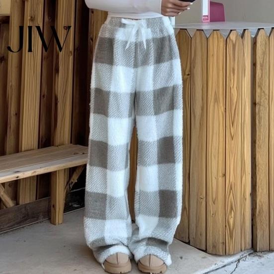 Soft Fluffy Home Pants Women Plaid Wide Leg Pants, Drawstring High Waist Thick Coral Fleece Retro Warm Loungewear, Anti-Pilling Casual Pajama Bottoms