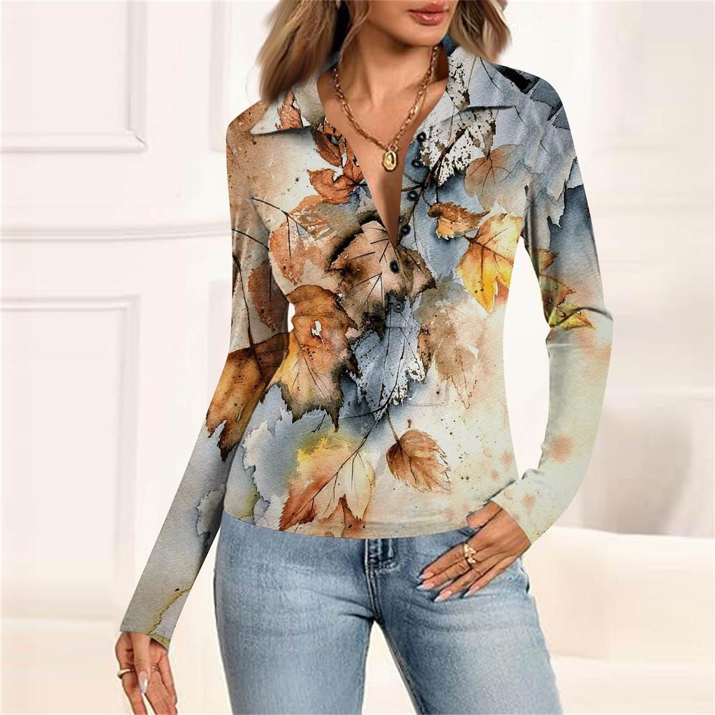 Women's Fashion Casual Printed V-Neck Long Sleeve Button-Down Top