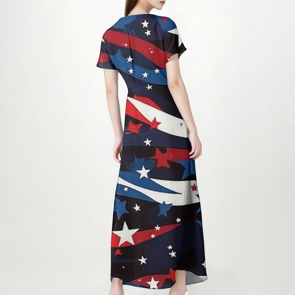 Women's Casual Fashion Print Long Dresses V-Neck Short Sleeve Dresses