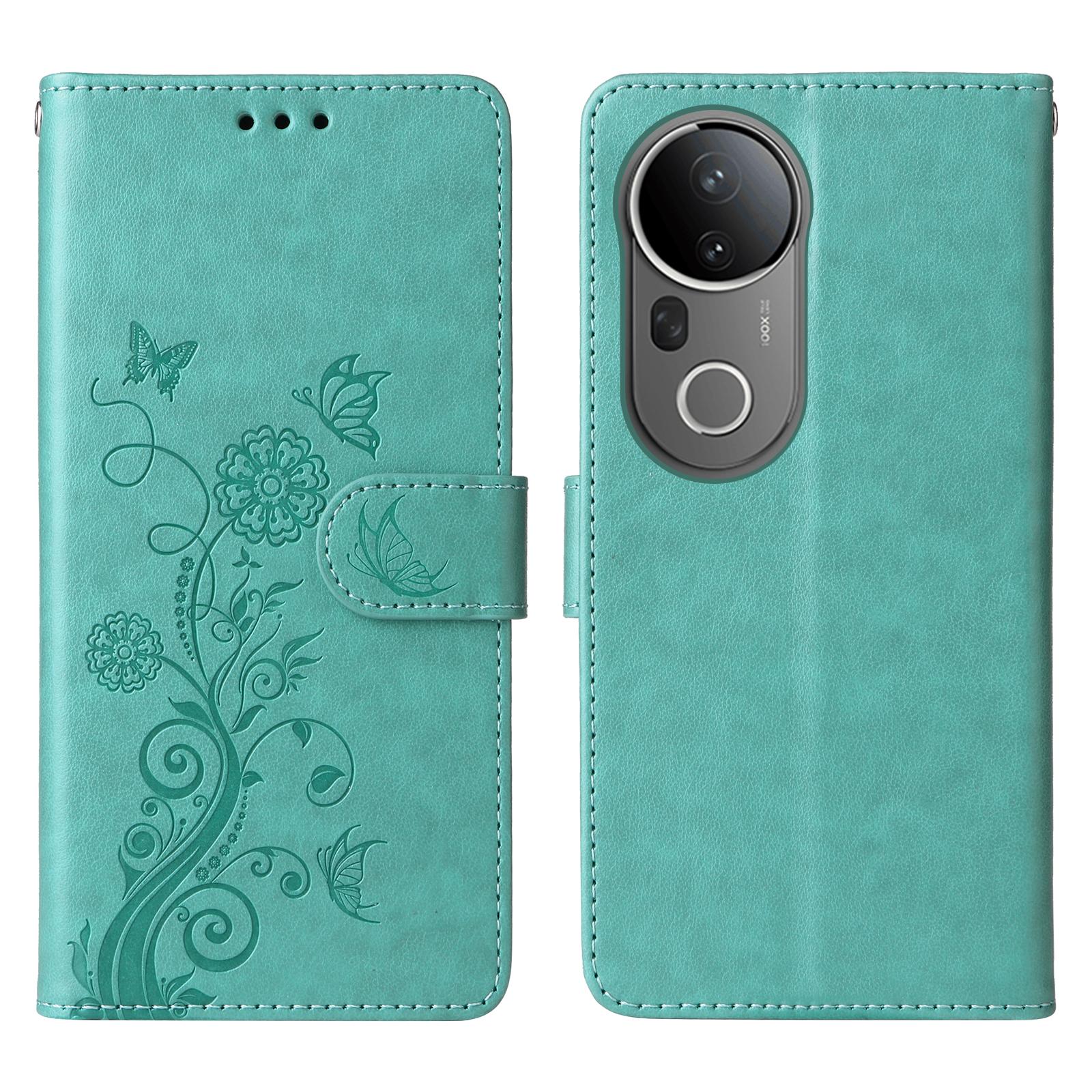 

For vivo S20 Pro 5G Leather Case Butterfly Floral Imprint Wallet Stand Cover Green