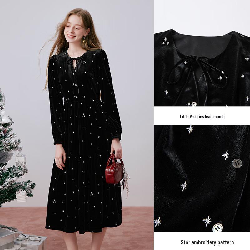 Women's Elegant Embroidered Velvet Midi Dress