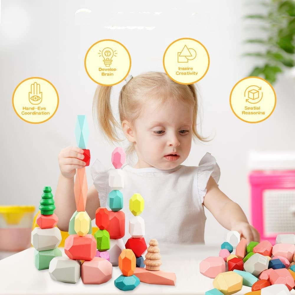 Children Wooden Stacked Building Block Montessori Early Education Colorful Stacked Stone Building Block Stacked Music Stone Toys