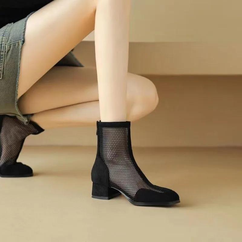 Nové prodyšné síťované krajkové dámské boty Letní kotníkové boty Tenké vysoké podpatky Sexy sandály Chelsea boty Dámský styl