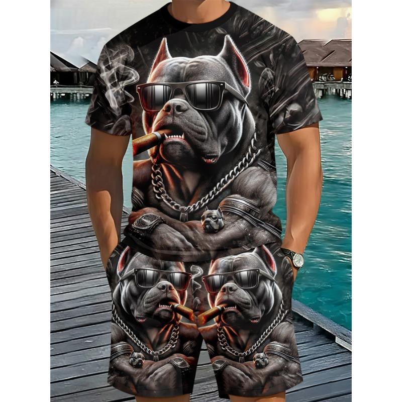 Men s 3D Digital Printing Crew Neck Short-Sleeve Set, Hardcore Street Style, Gangster Bully Dog Print 2pcs Set, Fashionable Men in Summer S