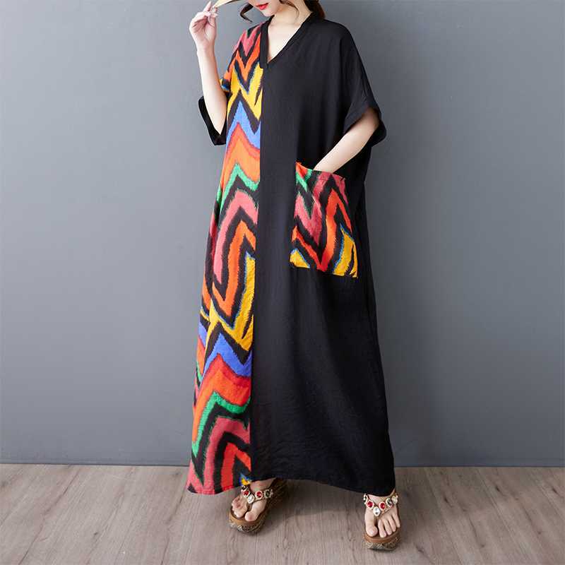 Summer Short Sleeved Contrasting Splicing Long Dress for Women