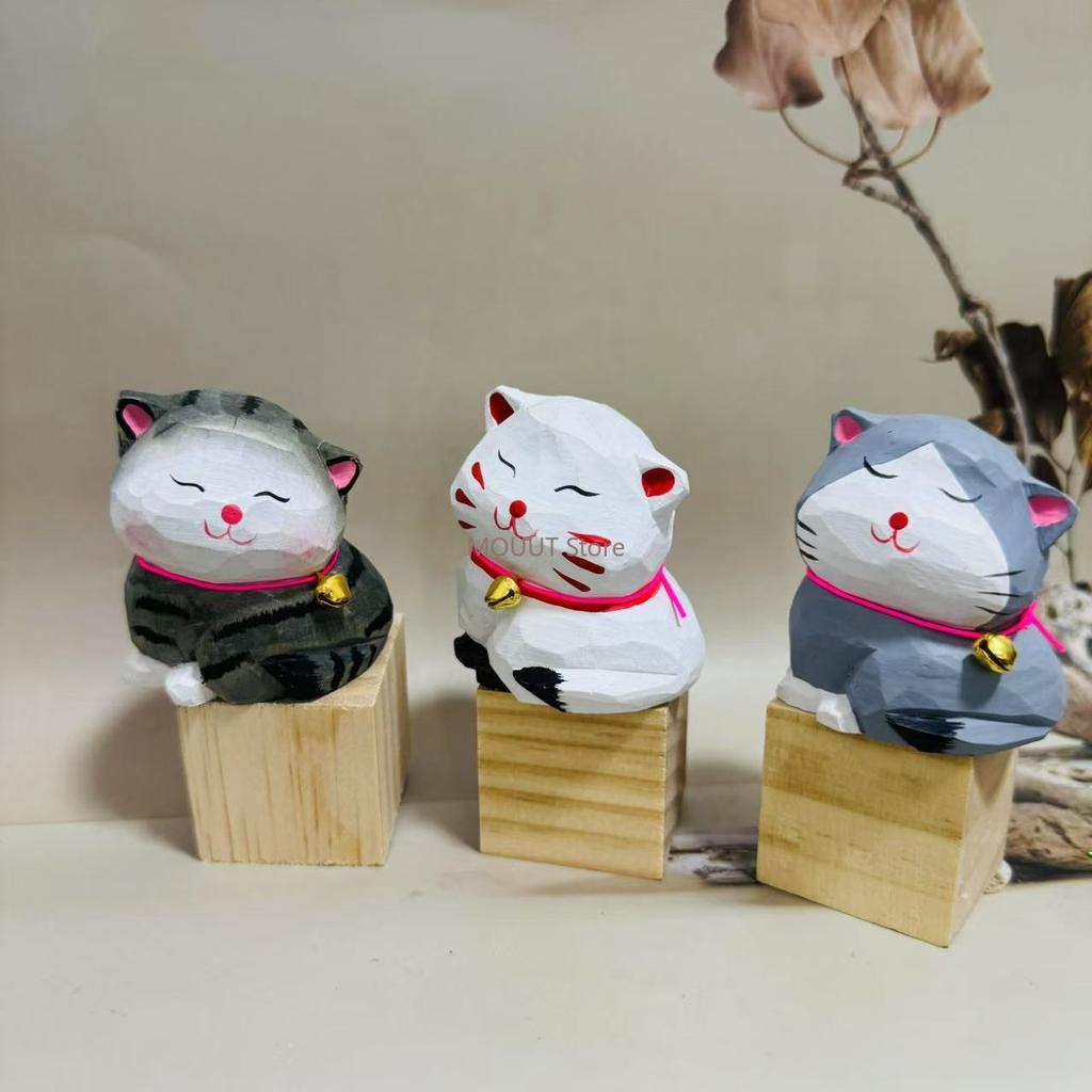 Ręcznie robione wyroby drewniane - Rzeźbiona figurka kotka, Ozdoba o kreatywnym kształcie, Dekoracja DIY, Figurki i miniatury na prezent urodzinowy