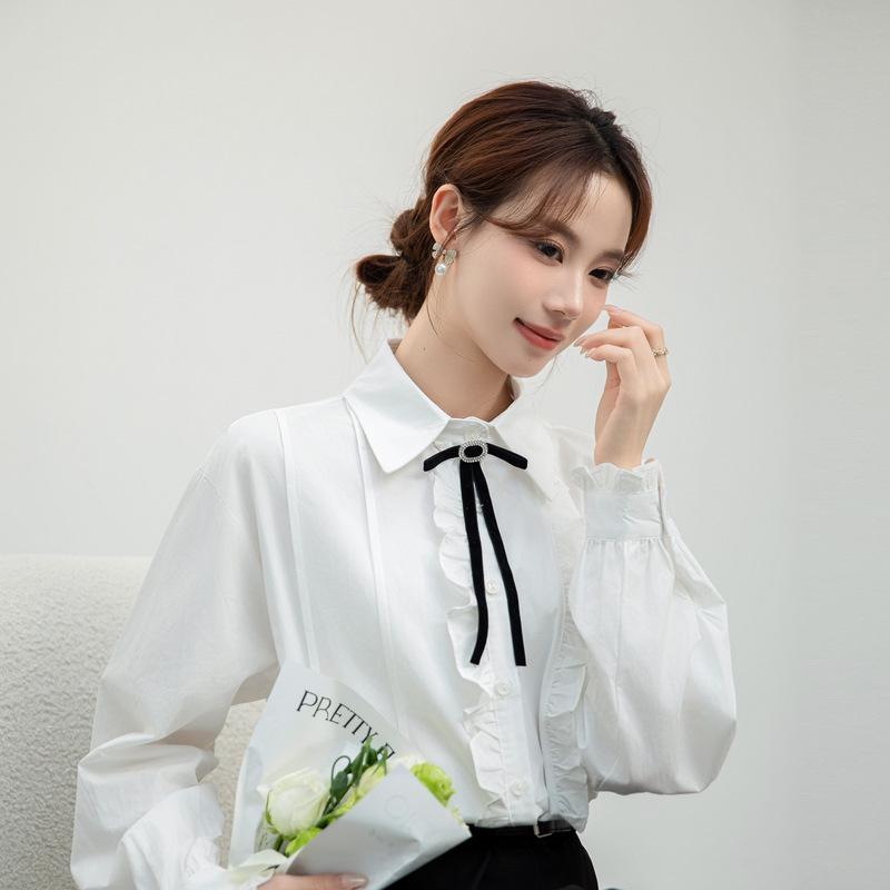 Korean Style Bow Tie White Shirt - Women s Spring 2026 Long Sleeve Top Large белый