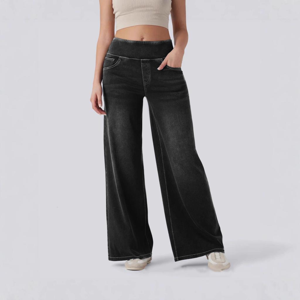 Women Wide Leg Jeans with Zipper Pockets Loose Fit High Waist Denim Pants Full Length Casual Bottoms for Work and Daily Wear