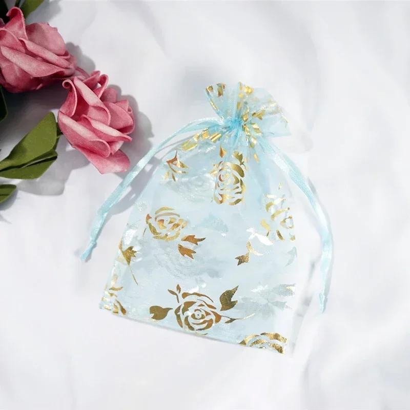 50piece Gold Stamp Rose Pattern Gauze Bag Colorful Pull Rope Self Sealing Storage Bags Candy Gift Accessory Package Jewelry Pouc
