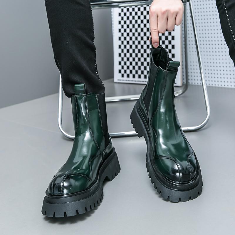 Men’s Chelsea Thick Sole Platform Punk Green Leather Boots Elevator Street Style Big Head Motorcycle Boots High Boots Plus Size