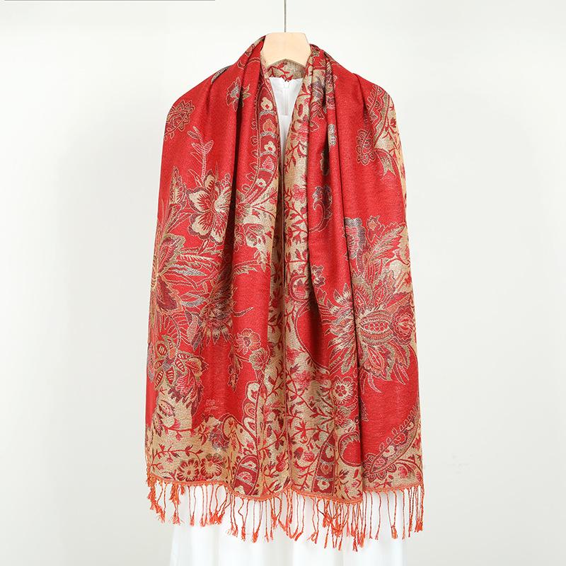 Ethnic Style Double-Sided Gold Thread Jacquard Women's Cheongsam Shawl Scarf - Thickened for Autumn and Winter