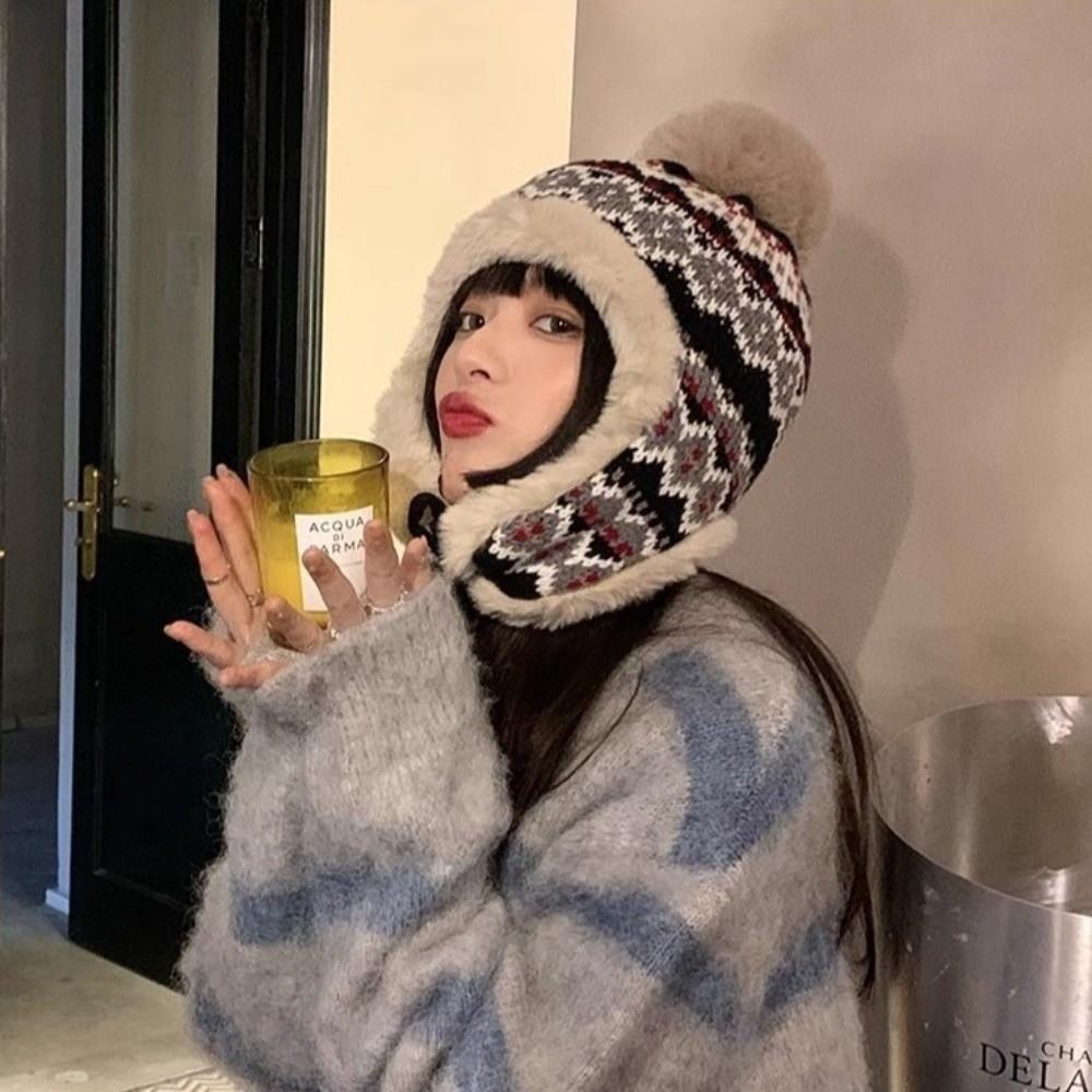 New Pompom Warm Hat Warm Windproof Pullover Cap Coldproof Beanie Hat for Outdoor Cycling Skiing