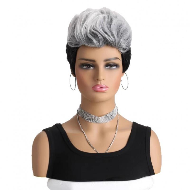 Fashion Short Wavy Wig Women White Black Gradient Fluffy Synthetic Hair Natural Look