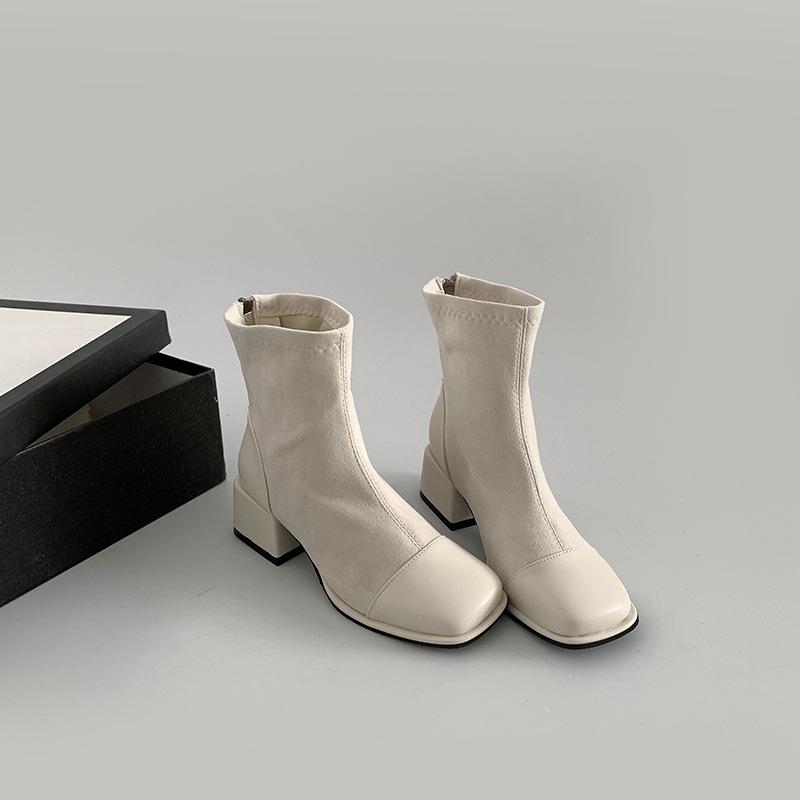 

Модный темперамент Бежевые ретро квадратный носок толстый каблук короткие ботинки женские 2025 новый летний универсальный французский увеличивающий рост ботинки Мартин 42 бежевый