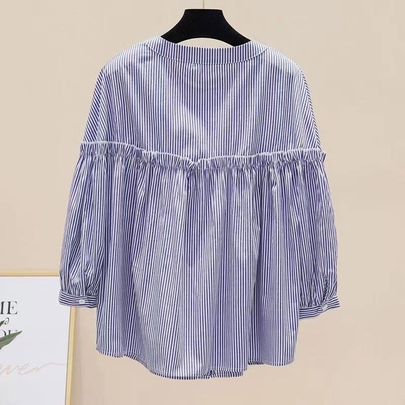 Spring Fashion Casual Stand Collar Striped Shirt Women's Versatile Ninth Sleeve Lace Shirt