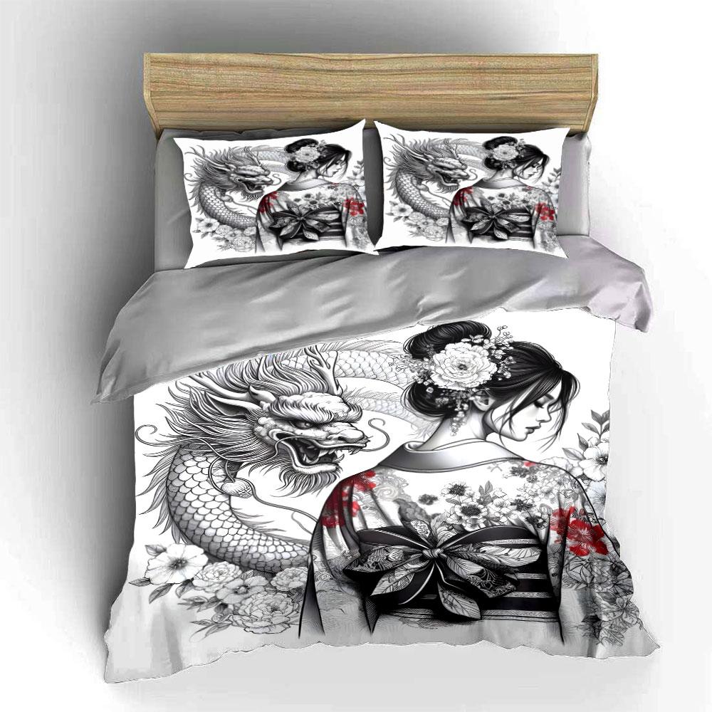 Floral Bride and Dragon Art Bedding Set for Kids Luxury Gift 3pcs Digital Print Comforter Set Soft Comfortable Breathable