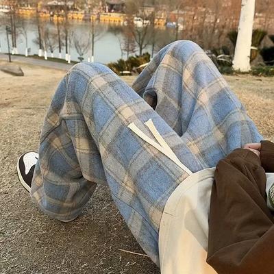 Fleece Vintage American Style Tweed Plaid Men's Pants Loose Straight Wide Leg Casual Trousers Trendy Brand Punk Rock Streetwear