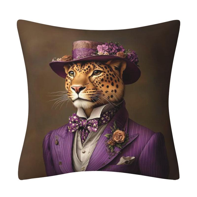 Stylish Dapper Leopard In Purple Pinstripe Suit & Floral Hat – Decorative Throw Pillow Case Cotton Linen Cushion Cover