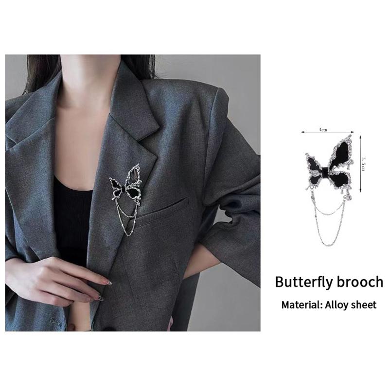 Black Butterfly Chain Tassel Brooches For Women Unisex Suit Sweater Corsage Badge Pins Clothes Accessories Party Wedding Gifts