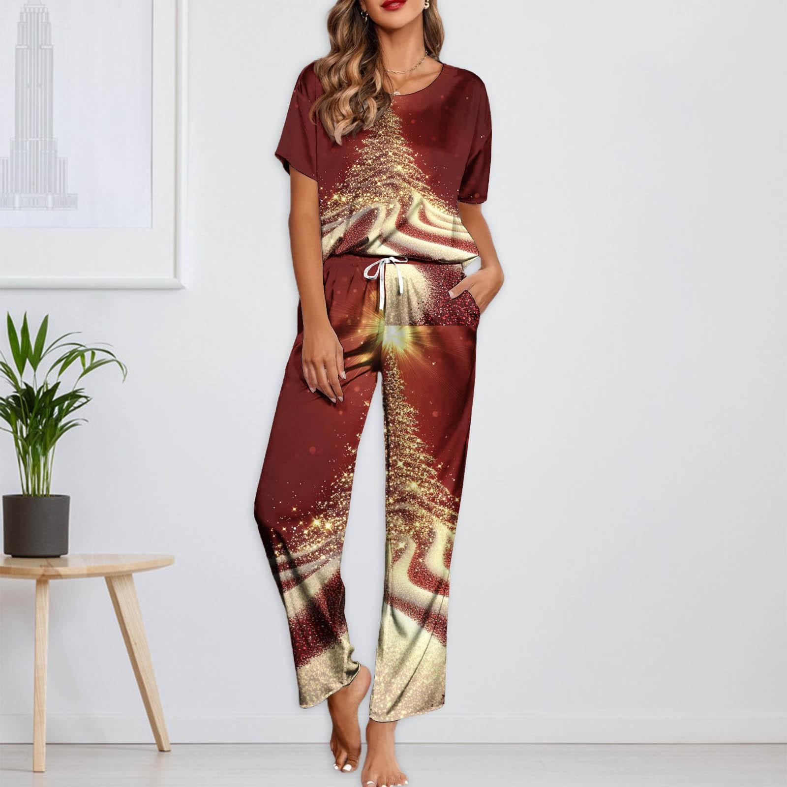 

Женский шелковый атласный пижамный комплект с рождественским принтом, рубашка с коротким рукавом и длинные пижамные штаны, мягкая домашняя одежда L красный