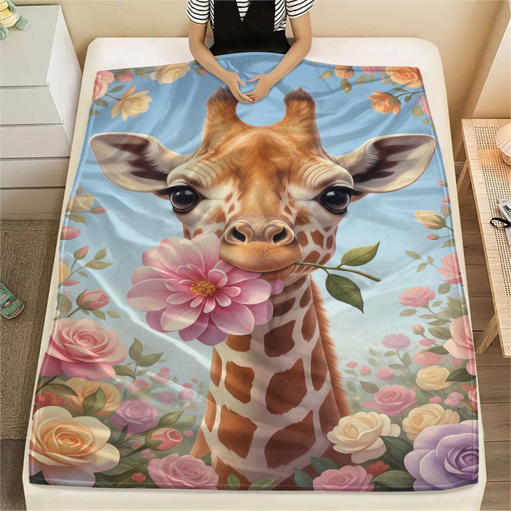 1Pc Cuteflowersanimals Print Flannel Blanket, High Quality Comfortable for All Seasons, Home Decor, Warmth and Comfort, Perfect for Christmas Gifts